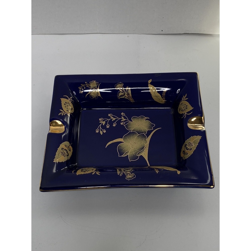 Cobalt Blue and Gold Floral Cigar Ashtray Rectangle Decorative 7.3/4 X 6.5 - Picture 5 of 5